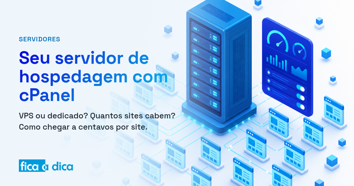 Ilustração isométrica de um rack de servidor azul com luzes ciano e um painel de controle com medidores, hospedando dezenas de pequenos sites conectados, em tons da marca Fica a Dica.