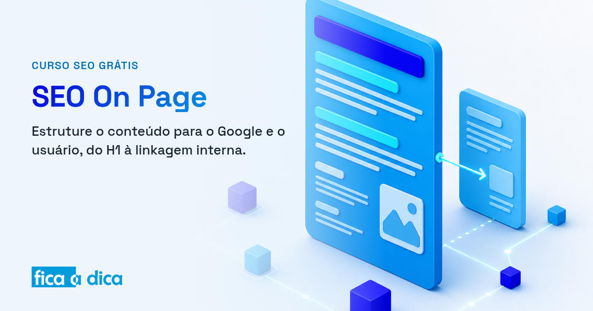 Ilustração isométrica em tons de azul de uma página web sendo estruturada como um livro, com barra de título, blocos de subtítulos, linhas de texto e uma seta de linkagem interna para uma segunda página.