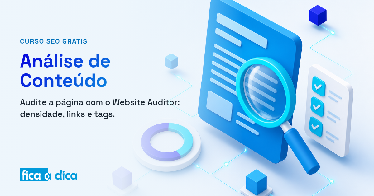 Ilustração isométrica em tons de azul de uma página sendo auditada por uma lupa, ao lado de um medidor circular de densidade e um checklist com marcas de verificação.