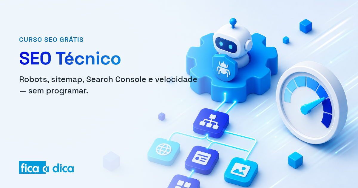 Ilustração isométrica em tons de azul com um robô dentro de uma engrenagem, uma árvore de sitemap ramificada e um velocímetro apontando para o alto, representando a parte técnica do SEO.