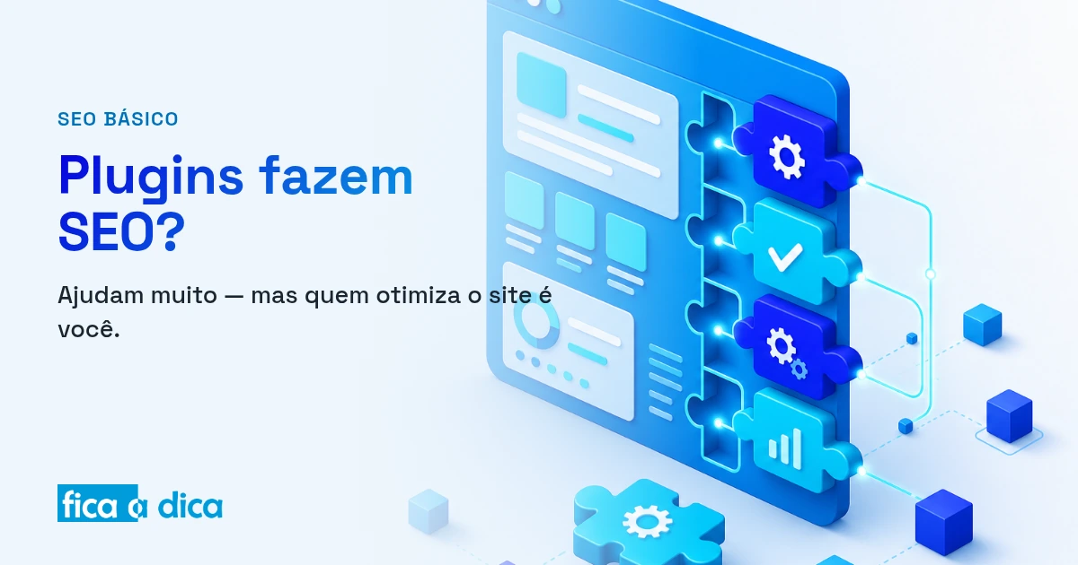 Ilustração isométrica de uma janela de site azul com peças de quebra-cabeça de plugins (ícones de engrenagem, check e gráfico) se encaixando na borda, e uma peça ainda solta flutuando ao lado.