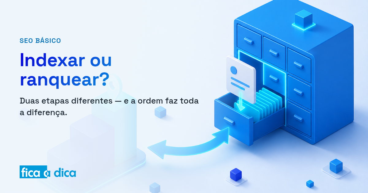 Ilustração isométrica de um documento entrando numa gaveta de catálogo azul (indexar) com uma seta apontando para um pódio de barras crescentes com marcador no topo (ranquear).