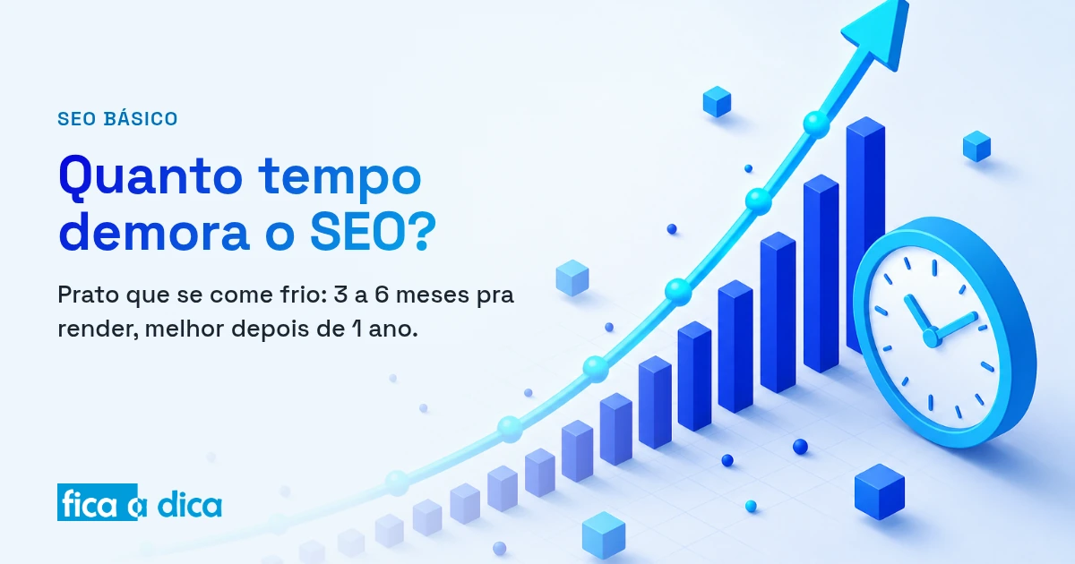 Ilustração isométrica de uma curva de crescimento azul subindo da esquerda para a direita com barras e pontos acumulando ao longo do tempo, ao lado de um relógio, simbolizando resultados de SEO que aparecem aos poucos.